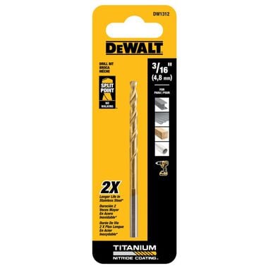 DEWALT DW1312 3/16" Titanium Nitride Coated, Split Point Twist Drill Bit