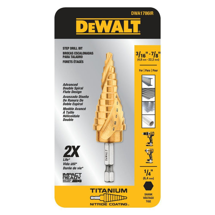 DEWALT (DWA1786IR) 3/16" - 7/8" IMPACT READY Titanium Nitride Coating Step Drill Bit