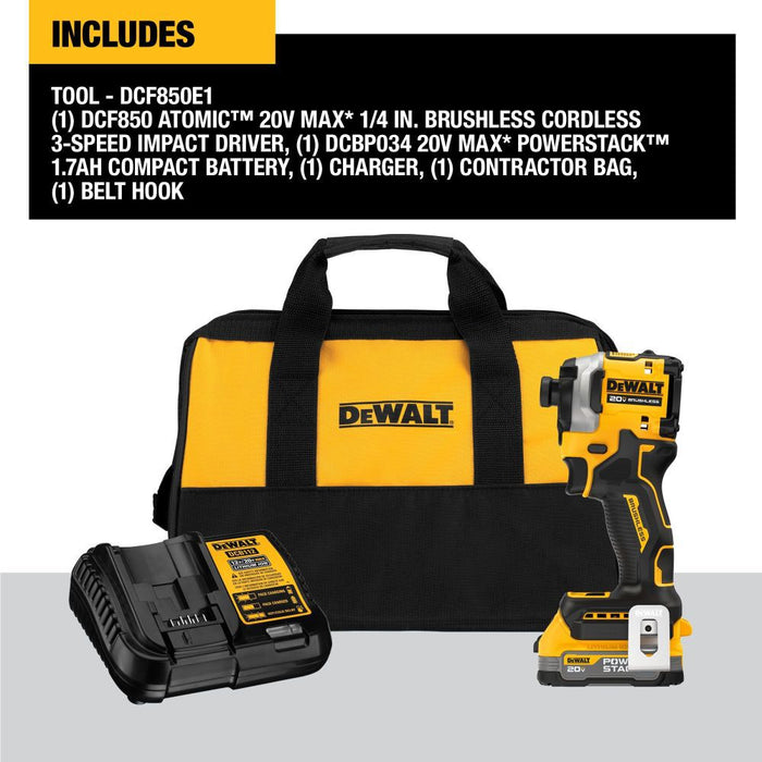DeWALT DCF850E1 ATOMIC Brushless Cordless 1/4 In. 3-Speed Impact Driver with POWERSTACK Compact Battery
