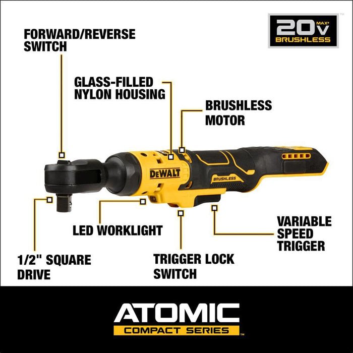 DeWALT ATOMIC COMPACT SERIES 20V MAX 1/2 In. Ratchet (Bare Tool)