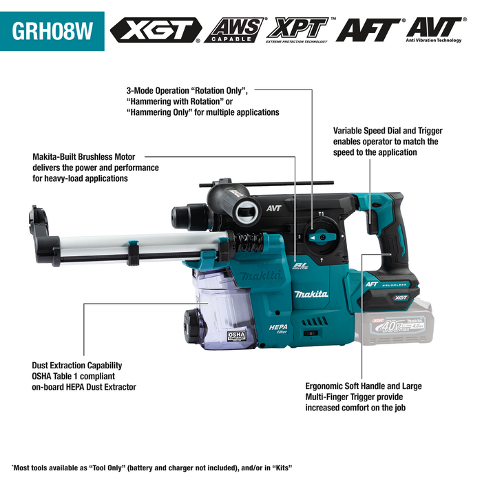 Makita GRH08M1W 40V max XGT Brushless Cordless 1‑3/16" SDS‑PLUS AVT Rotary Hammer Kit w/Dust Extractor, AFT, AWS Capable (4.0Ah)