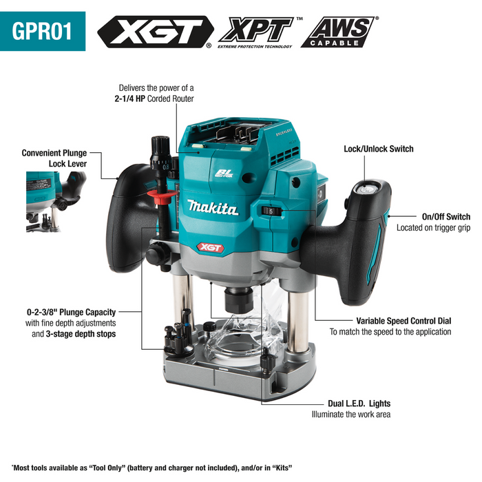 Makita GPR01Z 40V max XGT Brushless Cordless 2‑1/4 HP Plunge Router, Tool Only