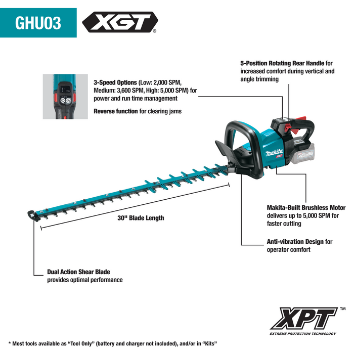 Makita (GHU03M1) 40V max XGT Brushless Cordless 30" Hedge Trimmer Kit (4.0Ah)