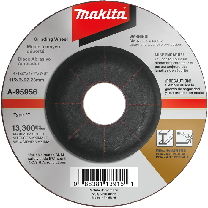 Makita A-95956 4‑1/2" X 1/4" X 7/8" INOX Grinding Wheel, 36 Grit