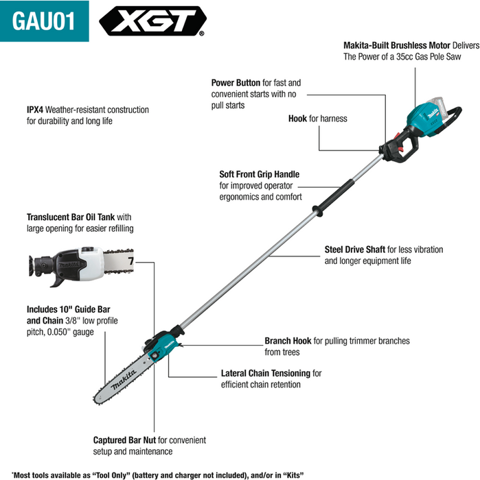 Makita (GAU02T) 40V MAX XGT Brushless Cordless 10" Pole Saw Kit, 8' Length