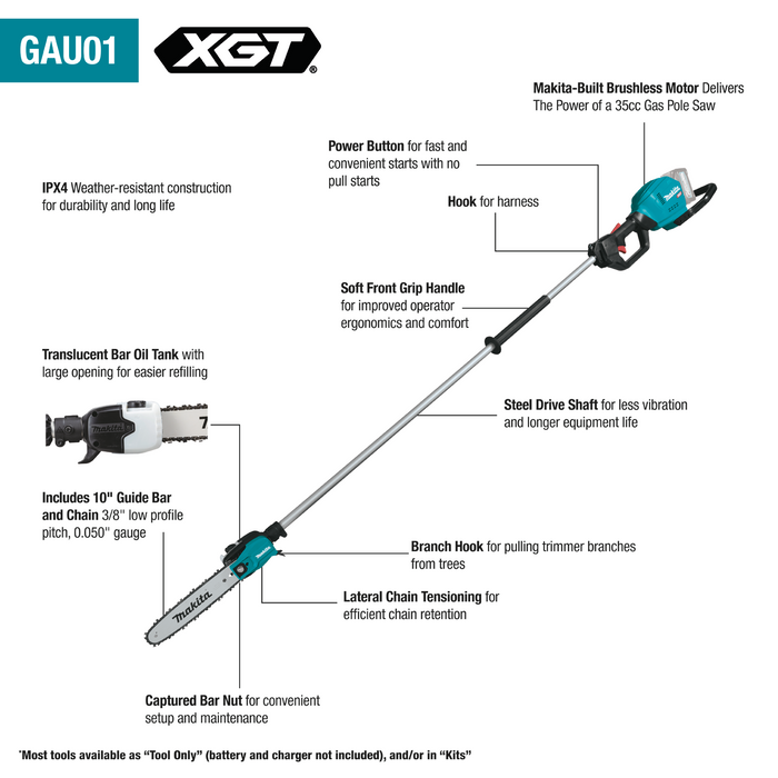 Makita 40V Max XGT Brushless Cordless 10" Pole Saw, 8' Length (Bare Tool)
