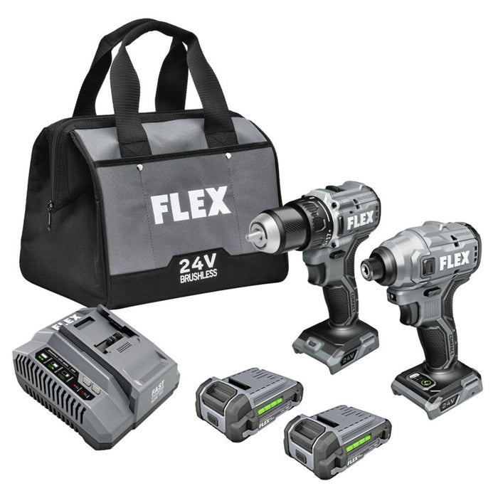 FLEX 24V Brushless Cordless 2-Tool Compact Combo Kit: 1/2-Inch 2-Speed Drill Driver and 1/4-Inch Hex Impact Driver