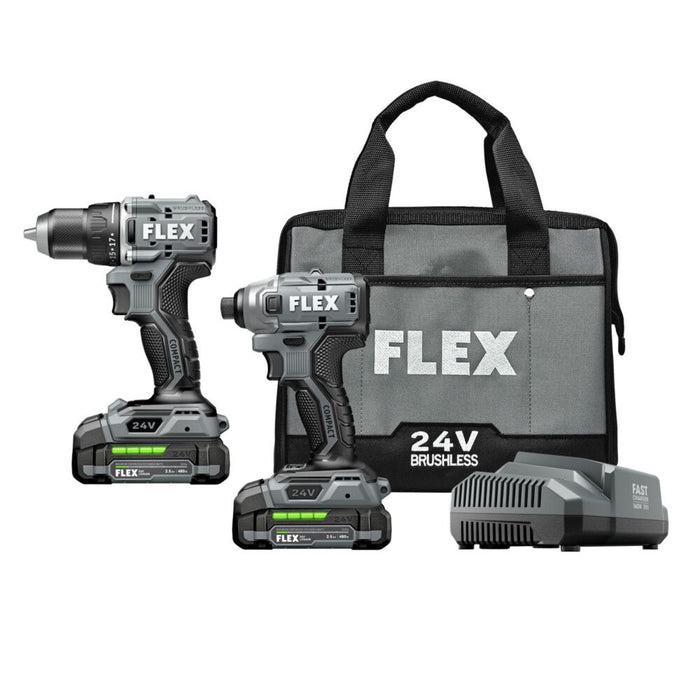 FLEX 24V Brushless Cordless 2-Tool Compact Combo Kit: 1/2-Inch 2-Speed Drill Driver and 1/4-Inch Hex Impact Driver