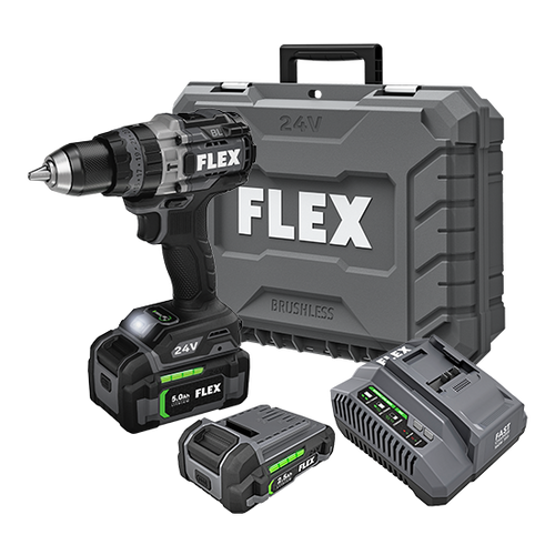 FLEX 24V Brushless Cordless 1/2-Inch 2-Speed Hammer Drill 1,400 In. Lbs. w/2.5Ah + 5.0Ah Lithium-Ion Batteries