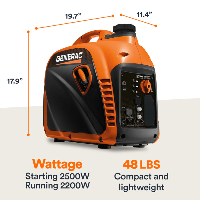 Generac 82512 Gas Powered 49-State Portable Inverter Generator with COsense Technology, 2,500 Watt