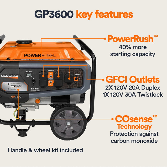 Generac 7721 Portable Generator, 3600W, With COsense, 49ST