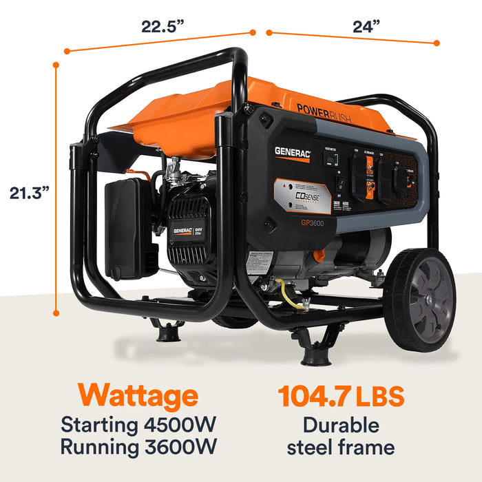 Generac 7721 Portable Generator, 3600W, With COsense, 49ST