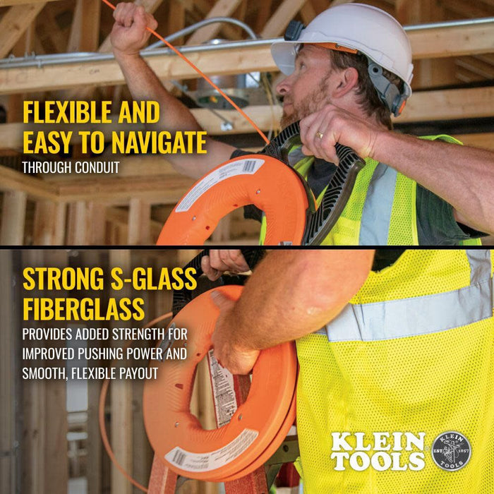 Klein Tools 56380 Non-Conductive Electrical Fish Tape, Multi-Groove Fiberglass Wire Puller with Steel Leader, 100-Foot x 3/16-Inch