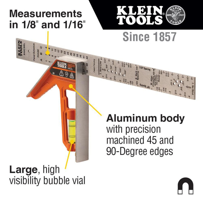 Klein Tools 935CSEL Combination Square Ruler for Electricians and Carpenters, Stainless Steel Double Sided Ruler, Bubble Level, Magnetic