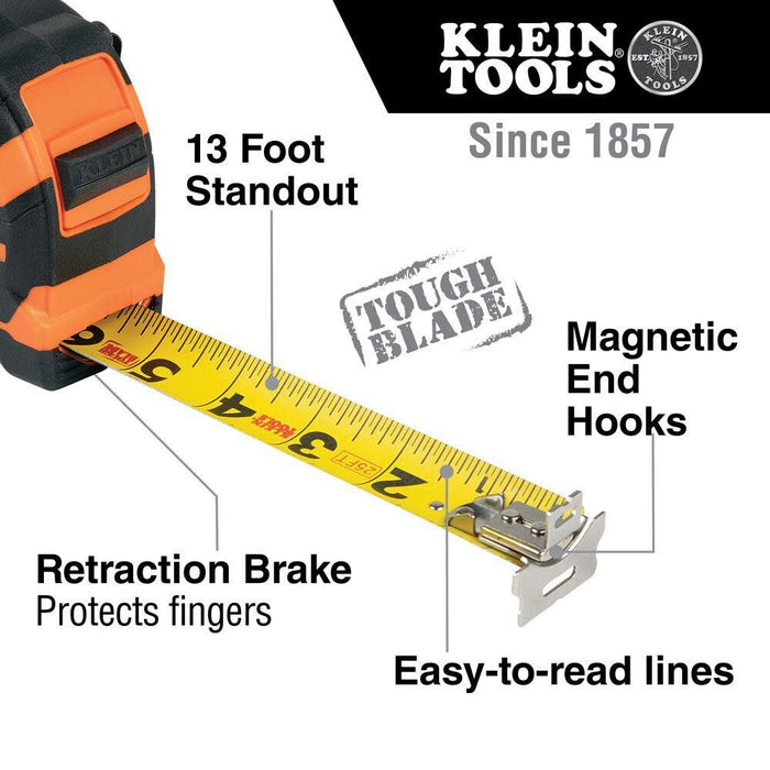 Klein Tools 9225 Tape Measure, Heavy-Duty Measuring Tape with 25-Foot Double-Hook Double-Sided Nylon Reinforced Blade, with Metal Belt Clip