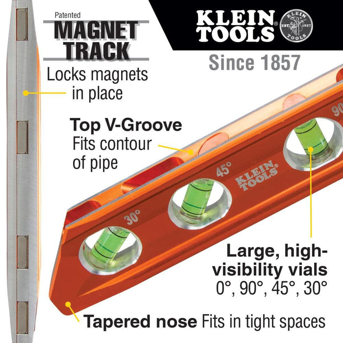 Klein Tools 935AB4V Level, 6-Inch Magnetic Torpedo and Conduit Level with 0/30/45/90 Degree Vials, V-Groove and Magnet Track, High Visibility Orange