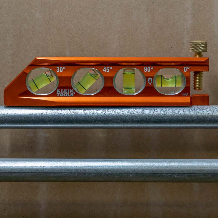 Klein Tools 935AB4V Level, 6-Inch Magnetic Torpedo and Conduit Level with 0/30/45/90 Degree Vials, V-Groove and Magnet Track, High Visibility Orange