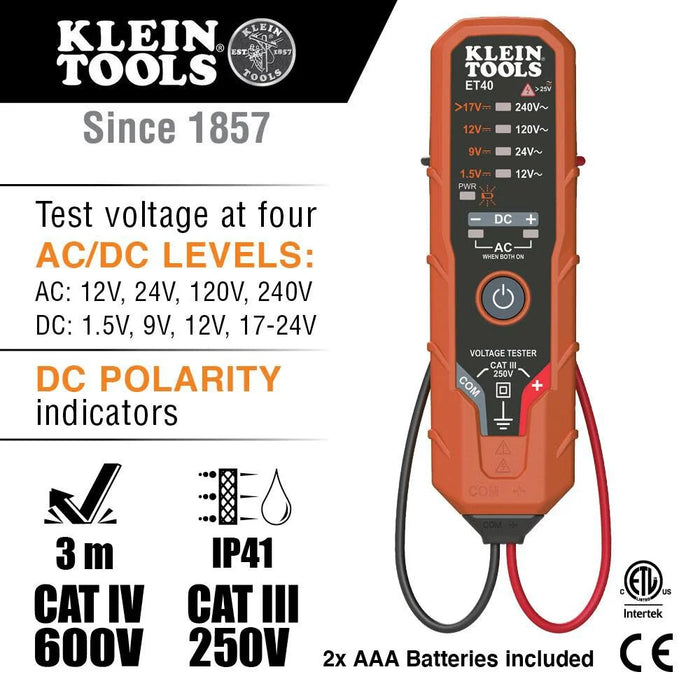 Klein Tools ET40 Digital AC/DC Voltage Tester, 12-240V AC, 1.5-24V DC, LED Illumination, DC Polarity, Auto Off, CATIII 250V-Class 2- Double Insulation, IP4 Dust and Water Resistant
