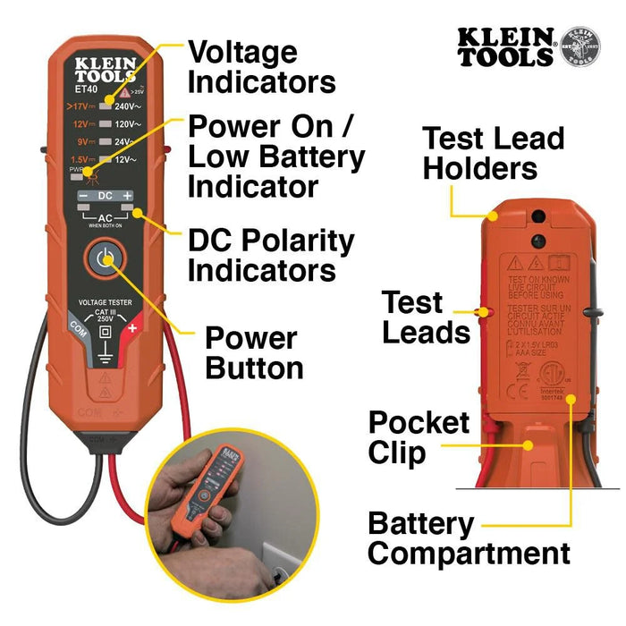 Klein Tools ET40 Digital AC/DC Voltage Tester, 12-240V AC, 1.5-24V DC, LED Illumination, DC Polarity, Auto Off, CATIII 250V-Class 2- Double Insulation, IP4 Dust and Water Resistant