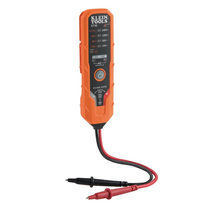 Klein Tools ET40 Digital AC/DC Voltage Tester, 12-240V AC, 1.5-24V DC, LED Illumination, DC Polarity, Auto Off, CATIII 250V-Class 2- Double Insulation, IP4 Dust and Water Resistant