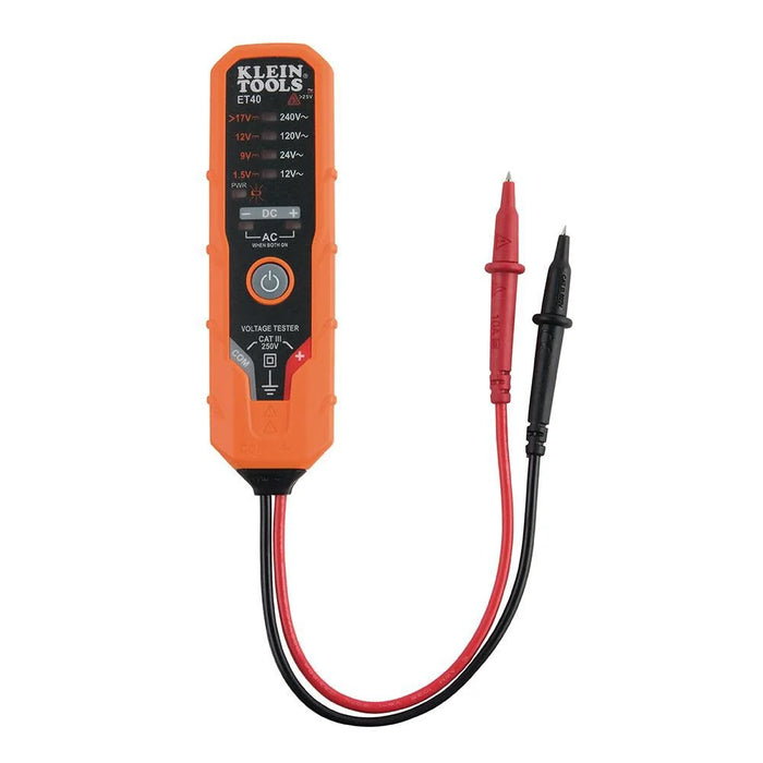 Klein Tools ET40 Digital AC/DC Voltage Tester, 12-240V AC, 1.5-24V DC, LED Illumination, DC Polarity, Auto Off, CATIII 250V-Class 2- Double Insulation, IP4 Dust and Water Resistant