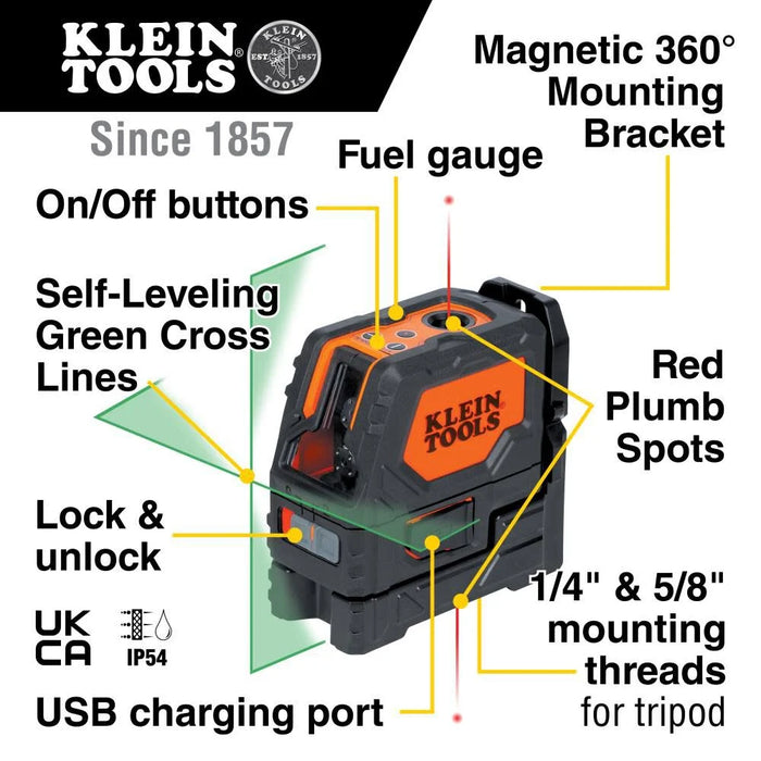 Klein Tools 93LCLGR Self-Leveling Laser Level, Rechargeable, Cross-Line Level with Bright Green Lines, Red Plumb, Magnetic Mounting Clamp