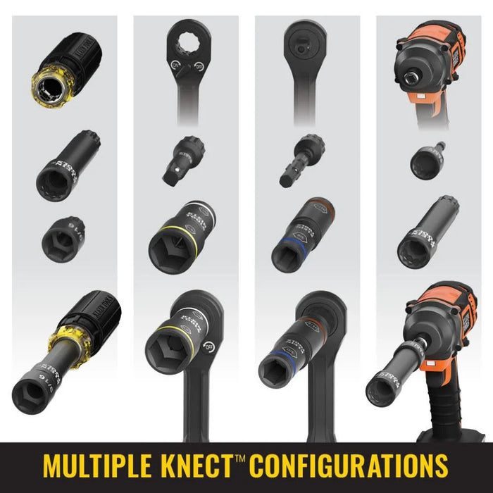 Klein Tools 65618 KNECT Flip-10 SAE Impact Socket Set, Deep Sockets with 5 Color-Coded Flip Sockets, 10 SAE Socket Sizes, 1/4 and 3/8-Inch Adapters and MODbox Case