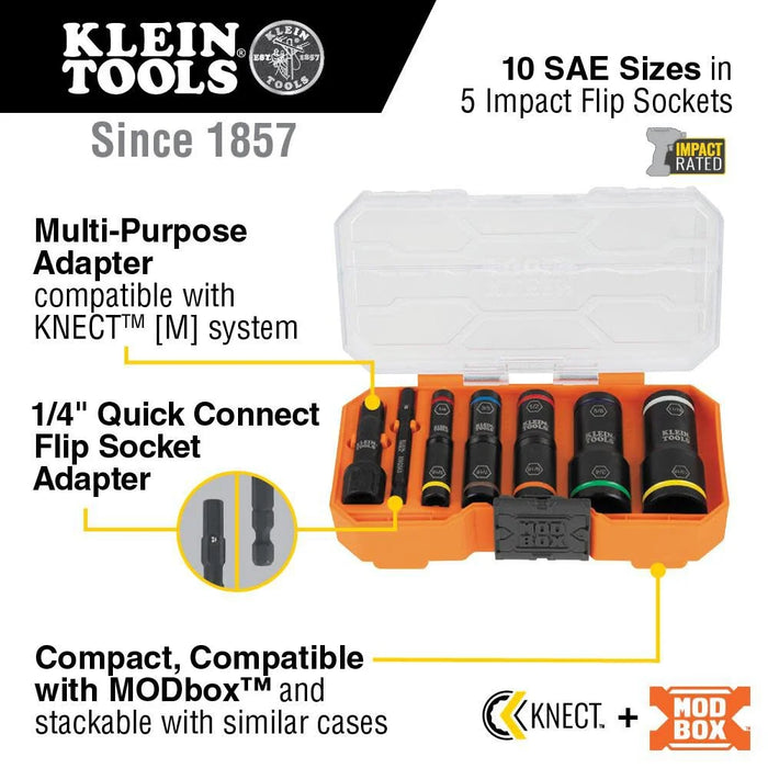 Klein Tools 65618 KNECT Flip-10 SAE Impact Socket Set, Deep Sockets with 5 Color-Coded Flip Sockets, 10 SAE Socket Sizes, 1/4 and 3/8-Inch Adapters and MODbox Case