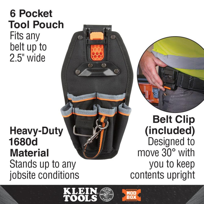 Klein Tools 55830MB MODbox Tool Pouch, 6-Pockets, Electrician Tool Bag, Quickly Attach and Release from Tool Belts and MODBox Rail System