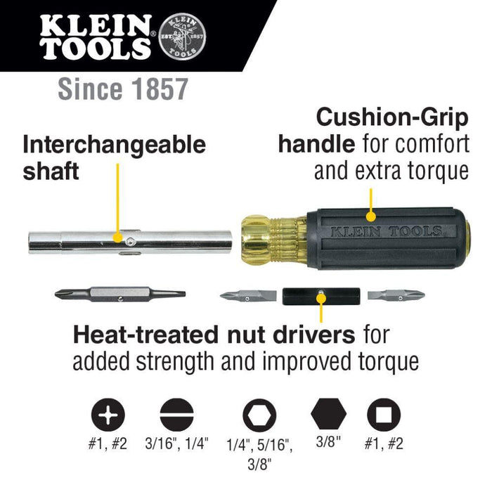 Klein Tools 32557 Multi-Bit Screwdriver / Nut Driver, Heavy Duty 10-in-1 with Interchangeable Shafts and Ph, Sl, Sq, Hex Bits and Nut Drivers