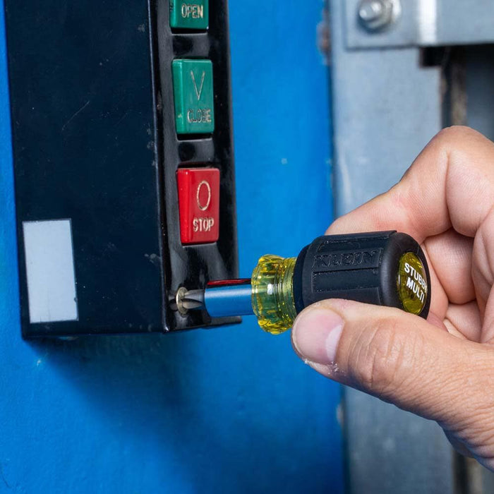 Klein Tools 32561 Multi-Bit Screwdriver / Nut Driver, 6-in-1 Stubby Screwdriver with 2 Phillips, 2 Slotted Bits, 2 Nut Drivers