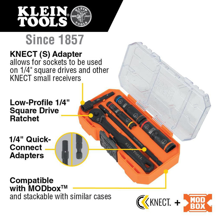 Klein Tools 65238 KNECT Impact Socket Set, Deep Socket Set with Wrench, 3 Heavy Duty Color Coded Flip Sockets, 6 SAE Socket Sizes, Ratchet, Multi-purpose Adapter and MODbox Case
