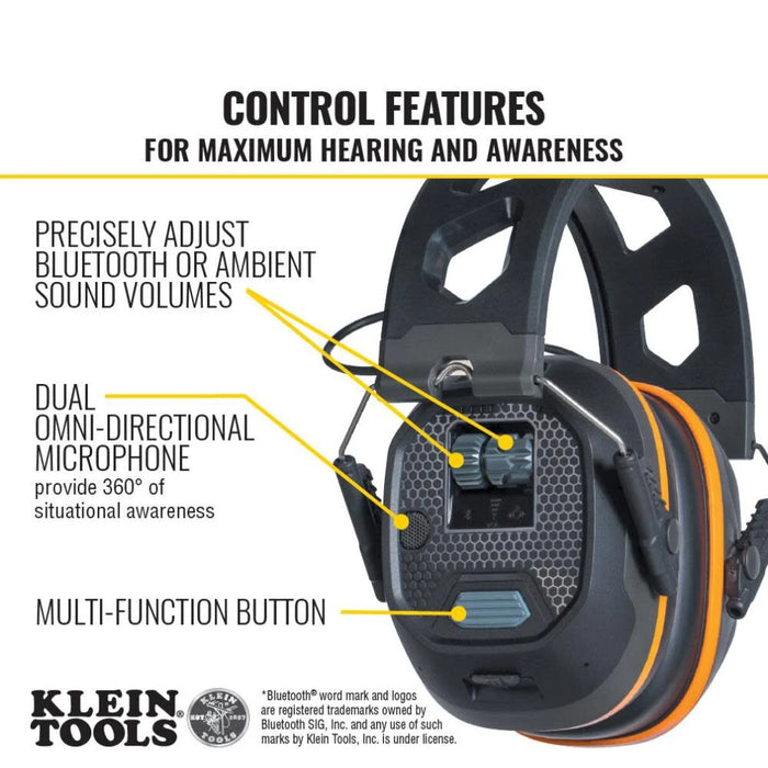 Klein Tools AESEM1S Smart Sense Electronic Hearing Protection Safety Earmuff with Bluetooth & Situational Awareness, NRR 23dB, 25hr Runtime