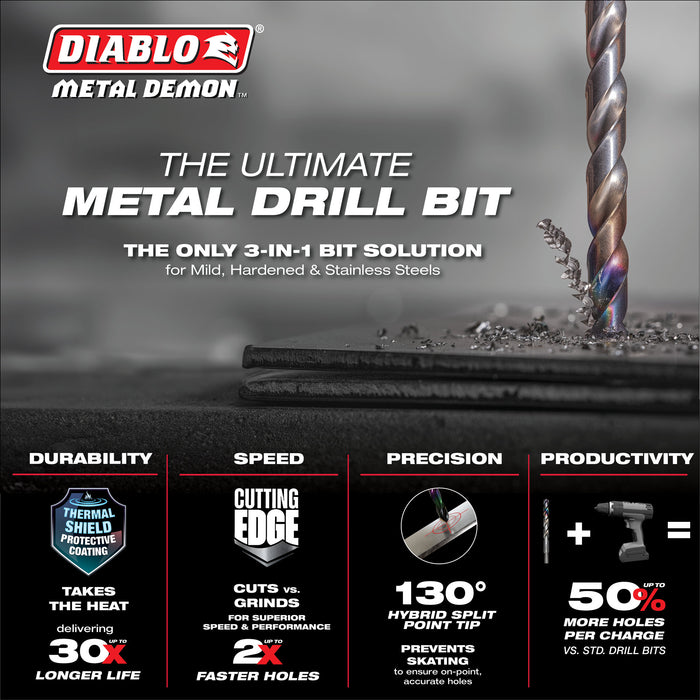 Diablo DMD2964JP1 Metal Demon Drill Bits for Mild, Hardened and Stainless Steels - 29/64-Inch Diameter, 3-Flats Reduced Shank, 5.6-Inch Length