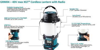 Makita (GRM04) 40V max XGT Cordless Lantern with Radio, Tool Only