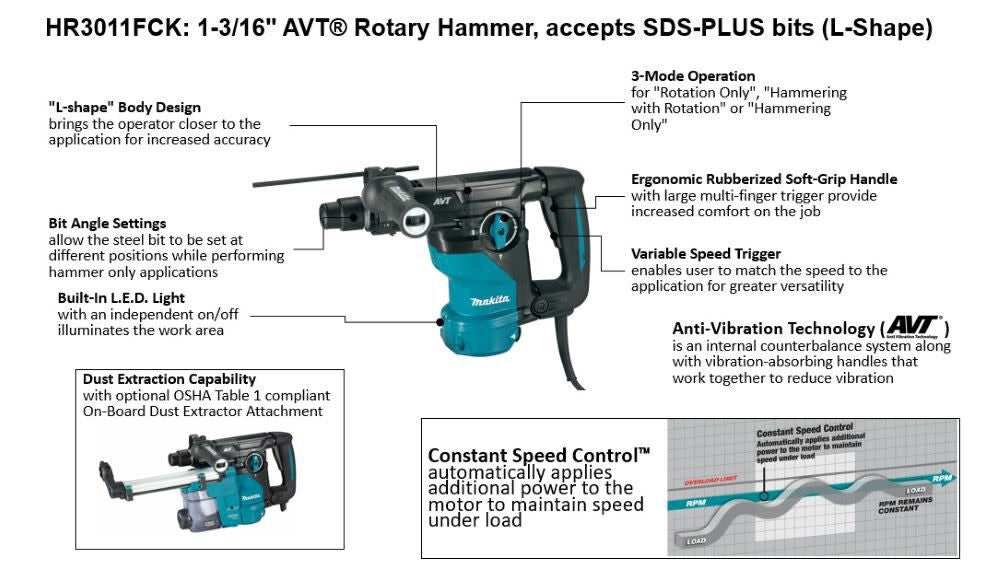 Makita HR2651 1" AVT Rotary Hammer, Accepts Sds-Plus Bits, W/Hepa Dust