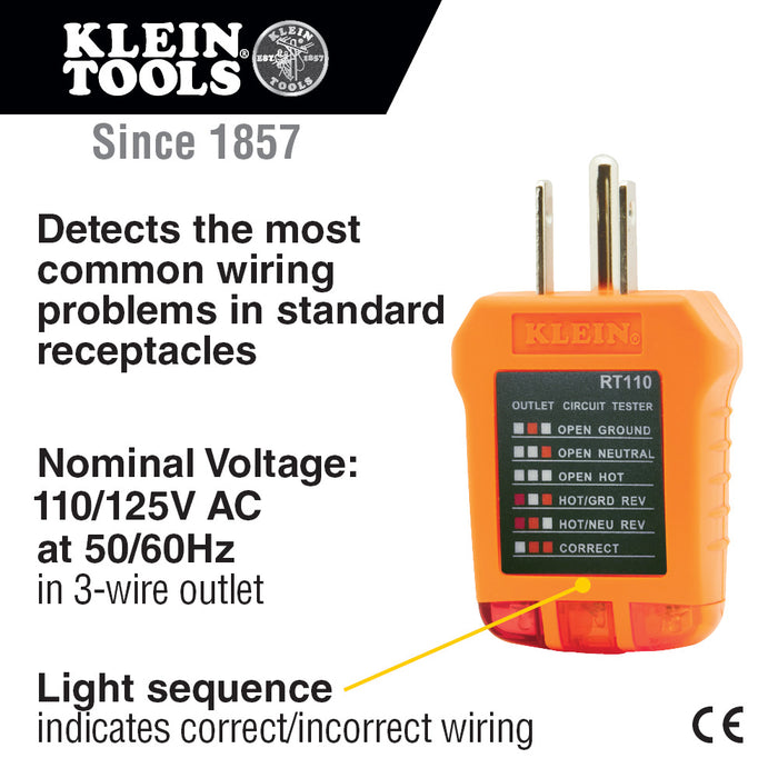 Klein Tools RT110 Outlet Tester, AC Electrical Receptacle Tester for North American Outlets