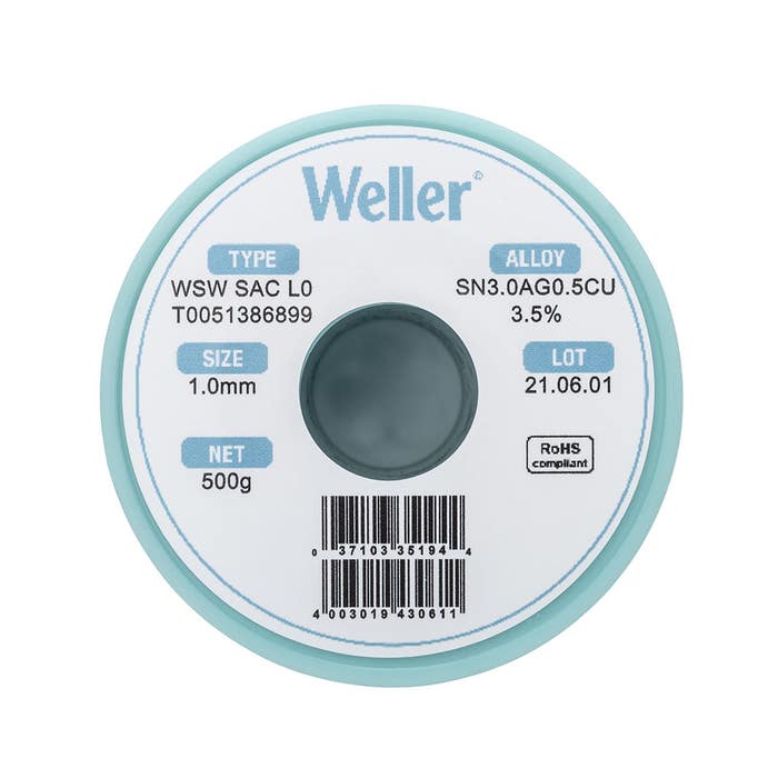 Weller WSW SAC L0 (T0051386899) Lead Free Solder Wire, Dia: 1.0 mm / 0.039 in, Wt: 500 g / 17.637 oz, Alloy Sn96.5Ag3.0Cu0.5, Flux content 3.5%