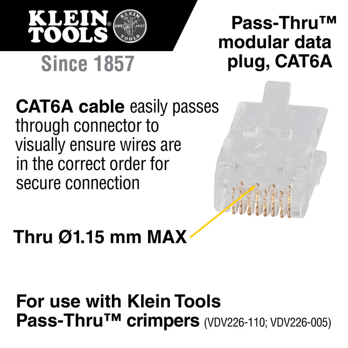Klein Tools VDV826-704 Pass-Thru Modular Data Plugs, RJ-45-CAT6A, UTP (Pack of 50)