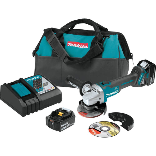 Makita XAG04T - 18V LXT Lithium-Ion Brushless Cordless 4-1/2” / 5" Cut-Off/Angle Grinder Kit, bag, no lock-off, lock-on (5.0Ah)