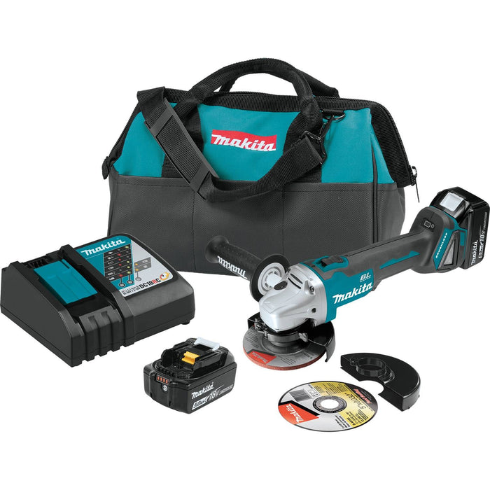 Makita XAG04T - 18V LXT Lithium-Ion Brushless Cordless 4-1/2” / 5" Cut-Off/Angle Grinder Kit, bag, no lock-off, lock-on (5.0Ah)