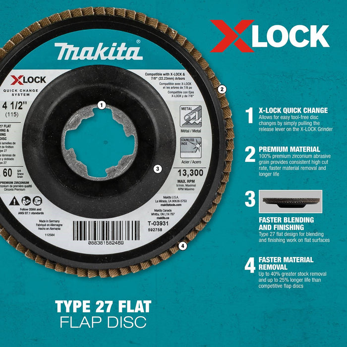 Makita X-LOCK 4‑1/2" 40 Grit Type 27 Flat Blending and Finishing Flap Disc for X-LOCK and All 7/8" Arbor Grinders