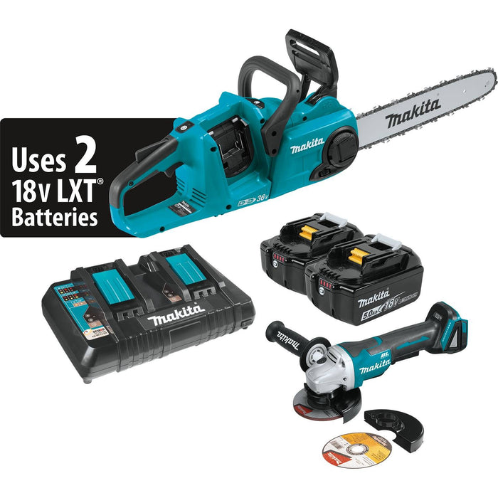 Makita 18V LXT Lithium-Ion Brushless Cordless 14 In. Chain Saw Kit (5.0Ah) and Brushless Angle Grinder