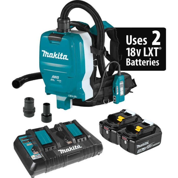 Makita (XCV10PTX) 36V (18V X2) LXT Brushless 1/2 Gallon HEPA Filter Backpack Dry Dust Extractor Kit, dual port charger, AWS Capable (5.0Ah)