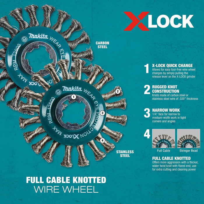 Makita X-LOCK 4-1/2" Stainless Steel Full Cable Knotted Twist Wire Wheel