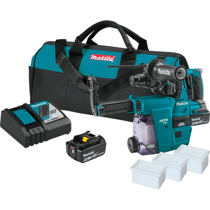 Makita 18V LXT Lithium-Ion Brushless Cordless 1" Rotary Hammer Kit, accepts SDS-PLUS bits, HEPA Dust Extractor Attachment, bag (5.0Ah)