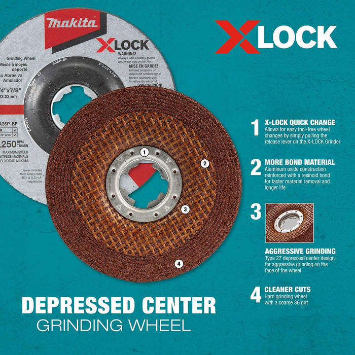 Makita X-LOCK 5" x 1/4" x 7/8" Type 27 General Purpose 36 Grit Abrasive Grinding Wheel for Metal & Stainless Steel Grinding