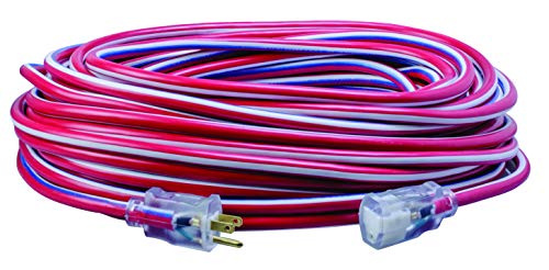 Southwire 2549 100-Feet, Contractor Grade, 12/3, Lighted End Red White and Blue, American Made, Indoor and Outdoor Use, Water Resistant Flexible Jacket Extension Cord, 100 Foot