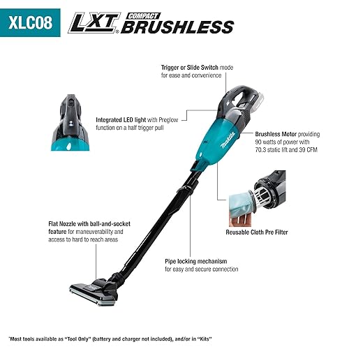 Makita XLC08ZB 18V LXT Lithium-ion Compact Brushless Cordless Vacuum, Trigger w/Lock (Bare Tool)