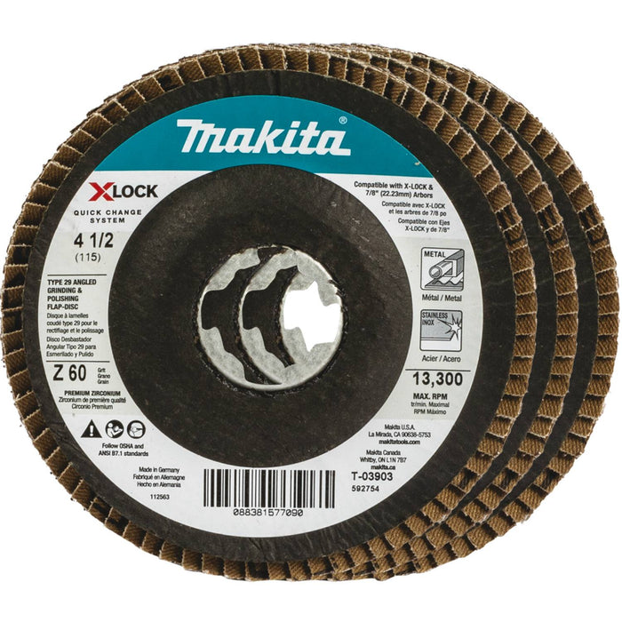 Makita X-LOCK 4‑1/2" 60 Grit Type 29 Angled Grinding and Polishing Flap Disc X-LOCK and All 7/8" Arbor Grinders, 3/pk